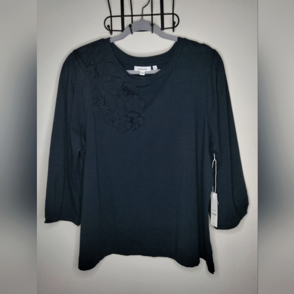 Chico's (Size 4/XXL/20) Navy Floral Embellished 3/4 Sleeve Sweatshirt (NEW-NWT)